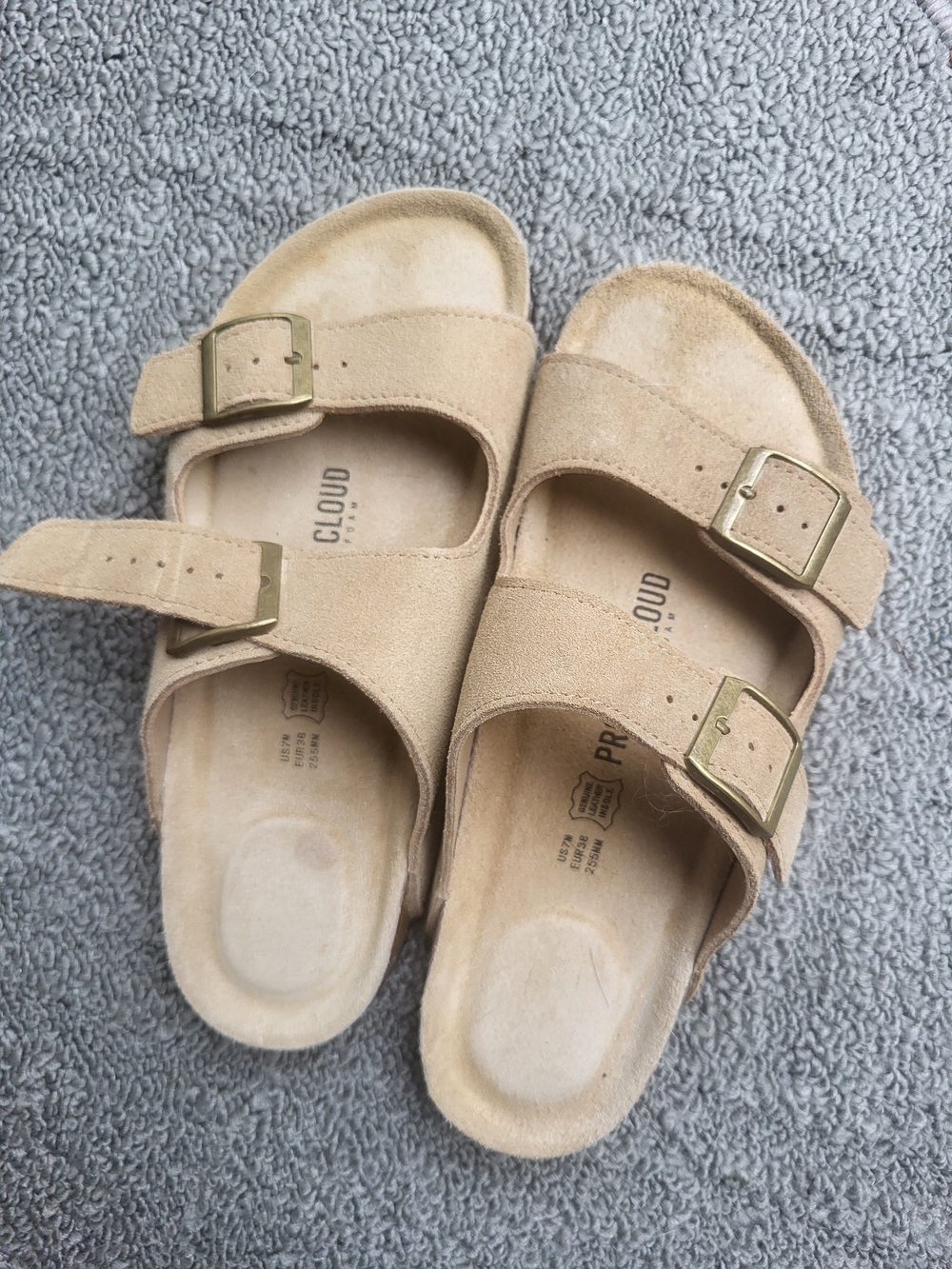 Ladies Project Cloud Double-Buckle Suede Slide Sandals in Beige